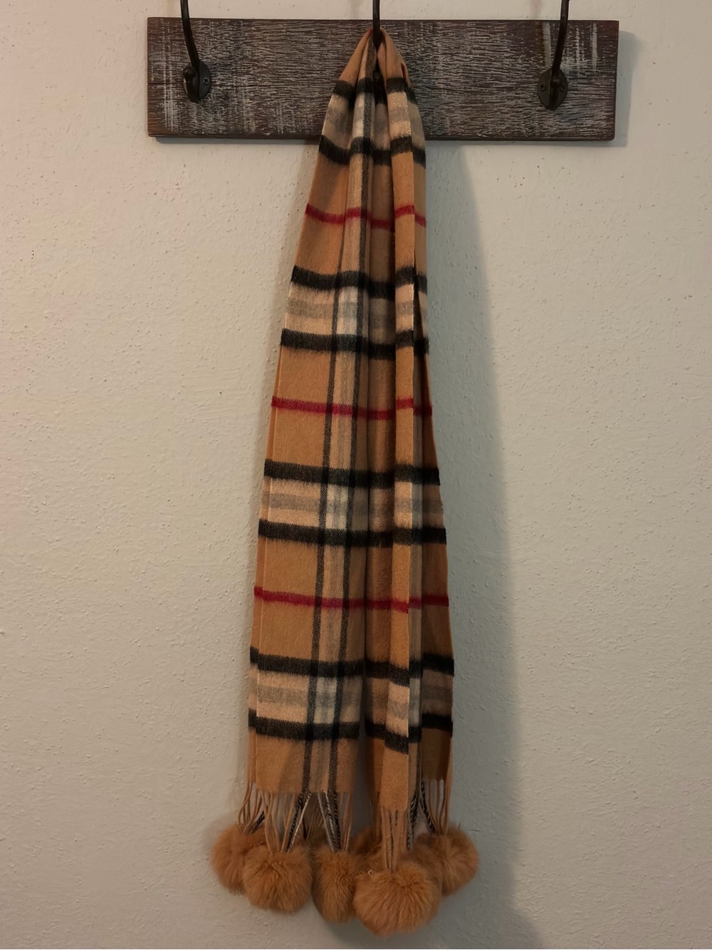 Cashmere Plaid Scarf with Faux Fur Pom Poms